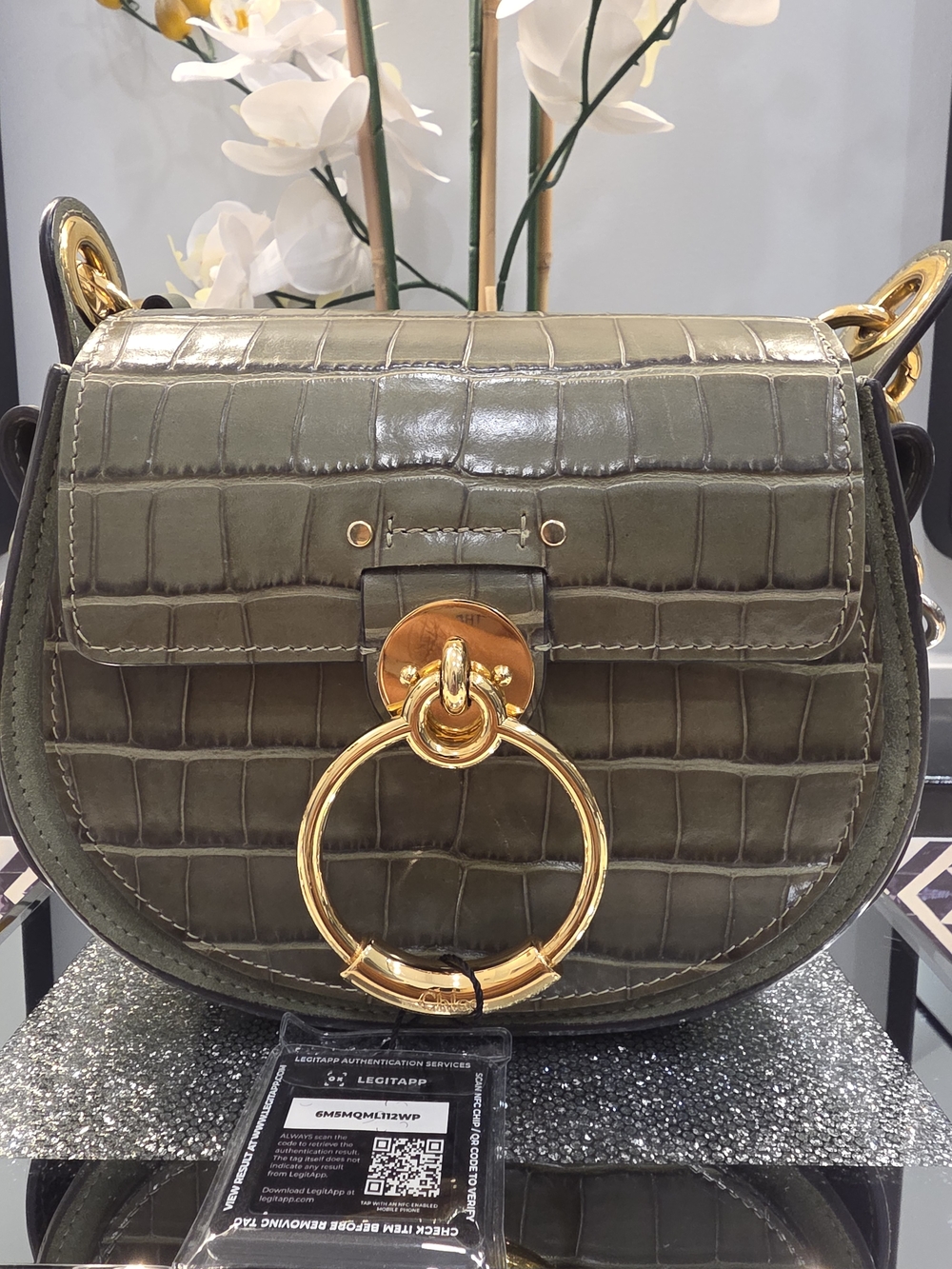Chloe Olive Green Croc-Embossed Small Tess Shoulder Bag with Gold Hardware